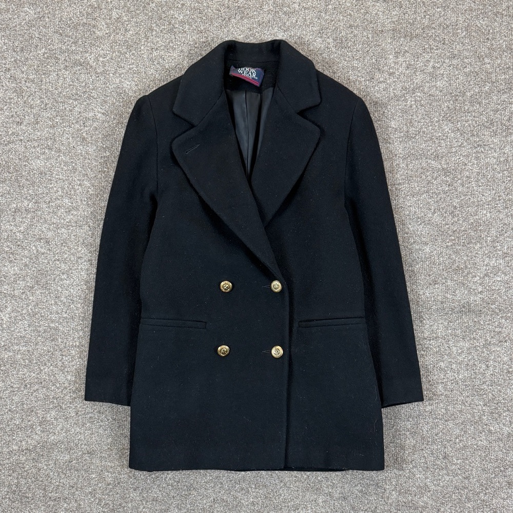 Vintage JG Hook Black Double Breasted Wool Pea Coat Women’s 4 Small Gold Buttons